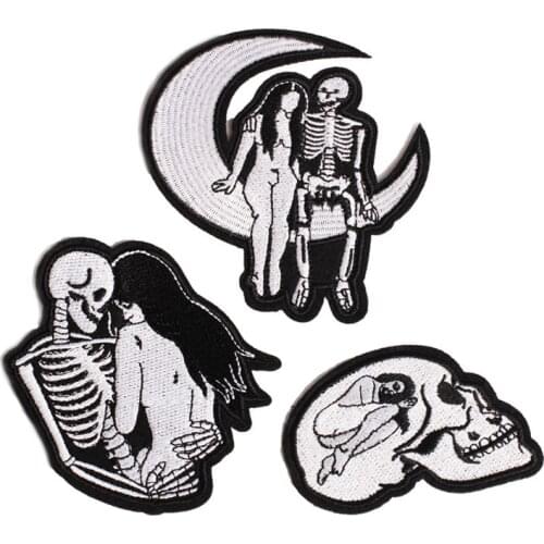 3Pcs Embroidery Skull Girl Patches for Jacket Back Motorcycle Biker Applique Iron on Badge
