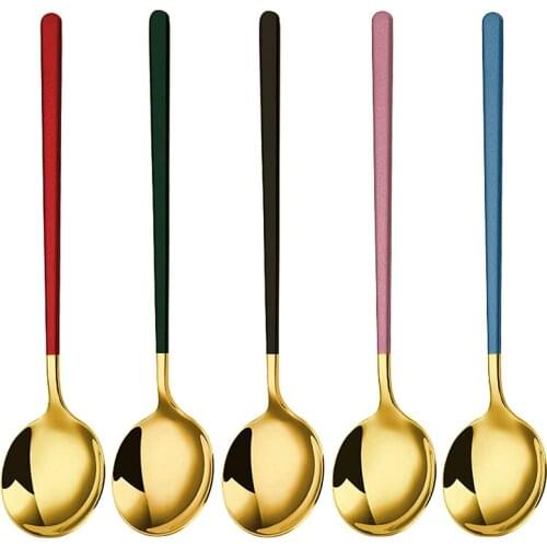 304 Stainless Steel Spoon Round Color Table Spoon, Long Handle Thick Spoon 7.8 Inches, Set of 5 (Gold)