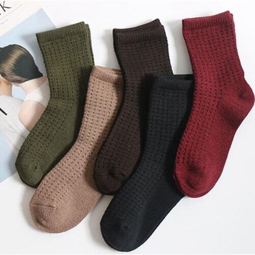 5 Pairs/Lot Women 2020 Winter New Pure Cotton Feet Warm Long Tube Socks Femme Simple Jacquard Grid Red/Green Wool Meias Mujer