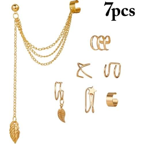 7Pcs Women Earrings Leaf Shape Irregular Cuff Earrings Chain Earrings Dangle Earrings Jewelry Accessories Party Dress Up