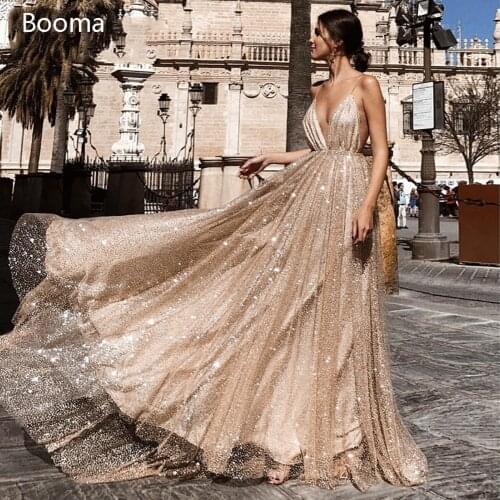 Sparkly Sexy Backless Prom Dresses Gold Plunging V-Neck Sequin Long Evening Dresses Spaghetti Straps A-Line Formal Party Gowns