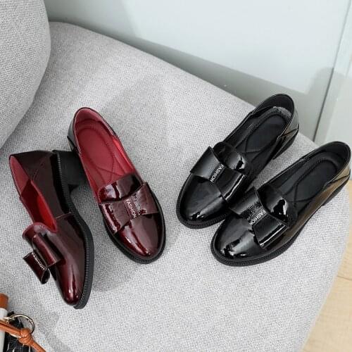 Genuine Leather Retro Bow Ladies Oxfords Flat Shoes Round Toe Slip On Sneakers Large Size 35-43 Patent Women Flats Loafers Shoes