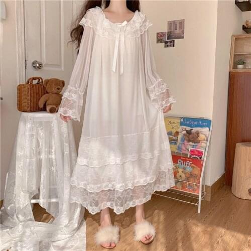 Ladies Long Sleeve Sleepwear Nightgowns White Summer Women Nightgown Lace Sleepdress Sleepshirts Princess Nightdress