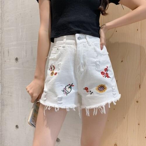 Wide-Leg Denim Shorts Summer Womens Wild Embroidered Large Size High Waist Loose-Fit A- line Slim-Fit Hot Pants Jeans
