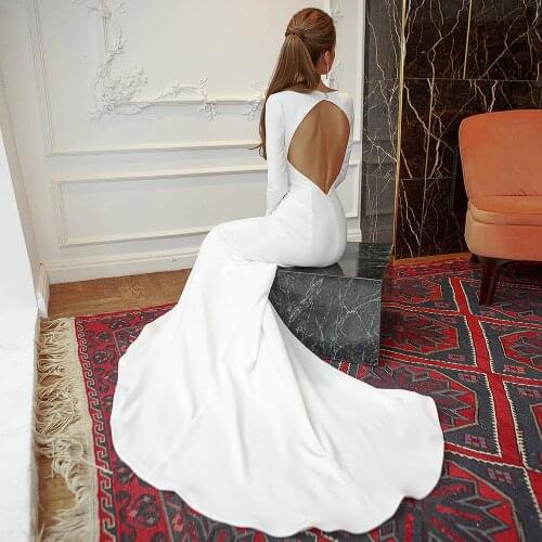 Elegant Mermaid Wedding Dress 2021 Satin Long Sleeve Vestido De Noiva Deep V-Neck Beads Bride Gowns Robe De Mariee