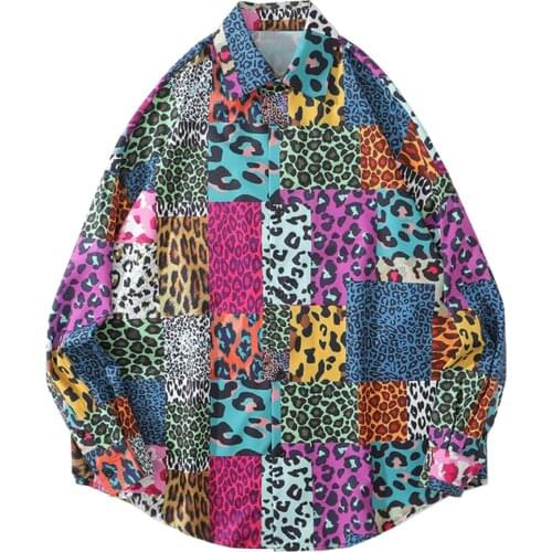 Hip Hop Colorful Cow Spot Leopard Long Sleeve Hawaiian Shirt Autumn Cotton Loose Shirt Tops Harajuku Streetwear Shirt Men Women