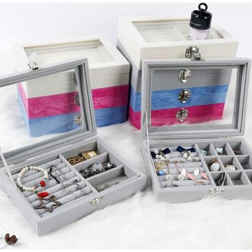 HOSENG Grey 9 Grids Jewelry Organizer Luxury Box Velvet Ring Necklace Display Showcase With Lid Wedding Birthday Gift HS_488