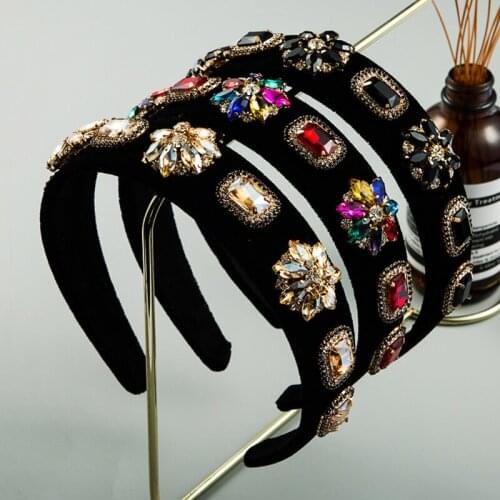 Ins Europe And America Creative Color Rhinestone Flower Headband Retro Palace Style High-grade Velvet Fabric Headband