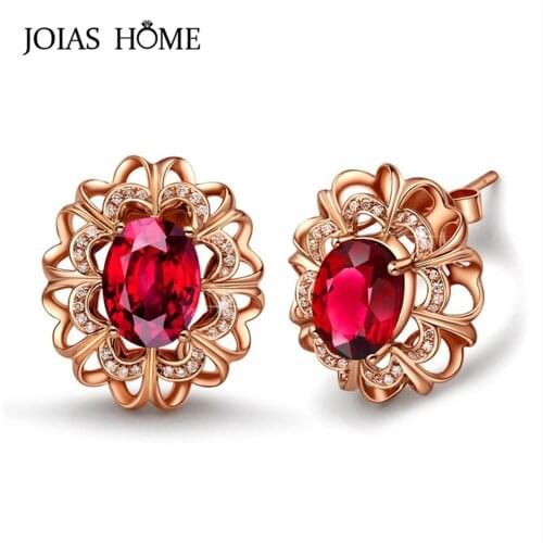JoiasHome Classic Ruby 925 Sterling Silver Earrings For Women With Oval Shape Red Gemstones Rose Gold Color Wedding Party Gifts