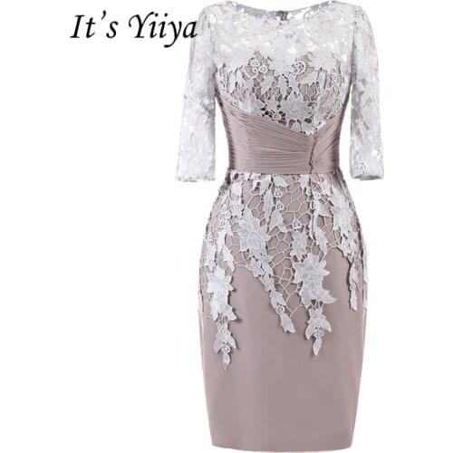 Its YiiYa Illusion Flowers Half Sleeves Lace Pleat Zipper Straight Cocktail Dresses Knee Length Formal Dress Party Gowns 7553