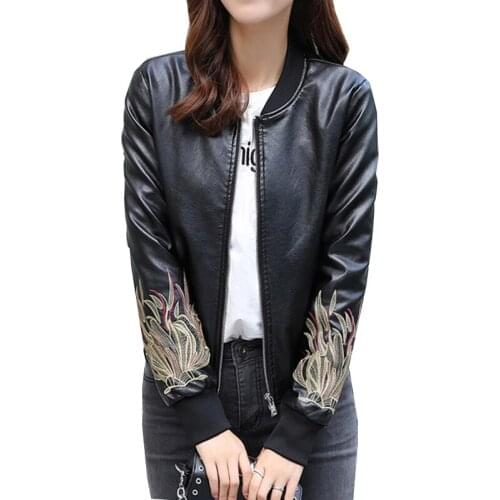 Embroidery PU Jacket Women Full sleeve Motorcycle Faux Leather Jackets Spring Autumn Casual Baseball Uniform Short Coat Female