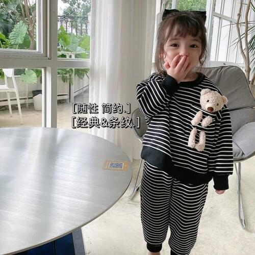 Spring Winter Girls Suit 2Pcs Baby Girl Cartoon Bear Sweatshirt +Striped Pants Kids Solid Color Pullover and Pants Sets Tops