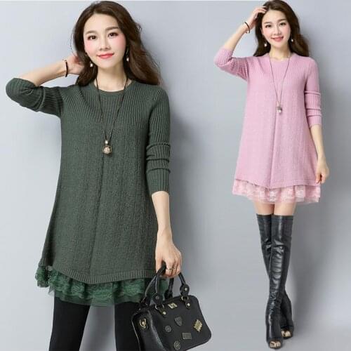 Fall/Winter 2021 Womens Lace Stitching Sweater Dress Solid color Loose Long-sleeved Pullovers Plus size Female Knit Sweaters