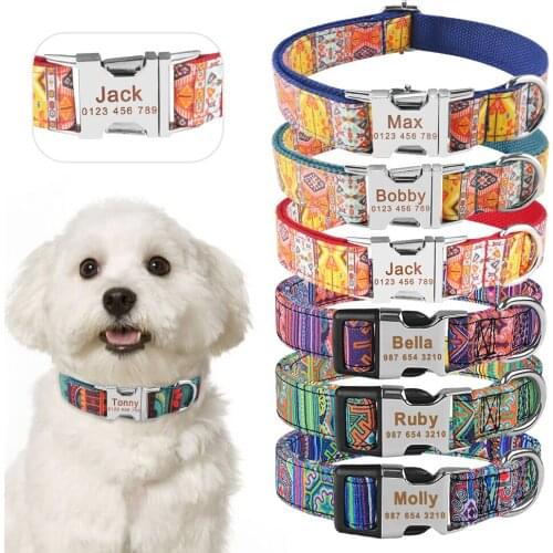 Custom Free Engraved Name Personalized Dog Collar Adjustable Nylon Plaid Unisex Dog Collar Small Large Product Dog Collar ID Tag