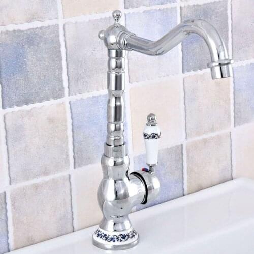 Polished Chrome Brass Bathroom Kitchen Basin Sink Faucet Mixer Tap Swivel Spout Single Ceramic Base One Hole Deck Mounted msf670