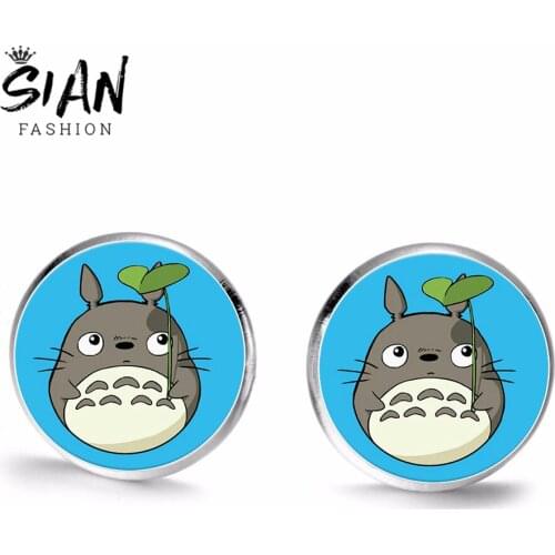 SIAN Japanese Anime Miyazaki Totoro Stud Earrings Lotus Leaf Totoro Cartoon Printed Glass Cabochon Earrings for Woman Girls Gift