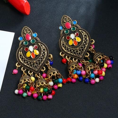 Vintage Gold Statement Earrings Colorful Beads Long Tassel Drop Big Chandelier Earring Ears Tribal Gypsy India luxurious Jewelry