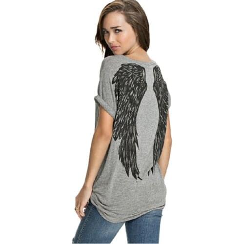 T Shirt Women 2019 Unique Angel Wings Back Printing Left Shoulder Roll Sleeve Loose t-shirts Vestidos womens Clothing MP190