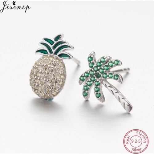 Jisensp 925 Sterling Silver Jewelry Fashion Fruit Pineapple Earrings for Women Kid Asymmetric Crystal Coconut Tree Stud Earrings