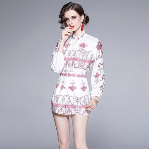 Menahem 2021 Summer Vintage Print Womens Pink 2 Pieces Sets Long Lantern Sleeve Stand Shirt Blouse + High Waist Wide Leg Shorts