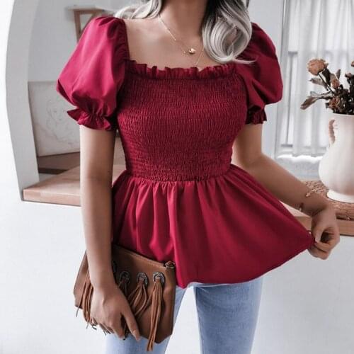 2021 Summer New Womens Casual Solid Color Lantern Sleeve Hem Ruffle Chiffon Top For Ladies Fashion All Match Blouses