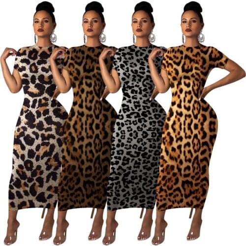 Classic Leopard Printing Short-sleeved Party Dress For Women 4 Colors