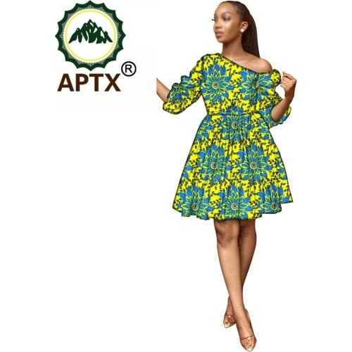 African Clothing For Women One Shoulder Dress Ankara Style Above Knee Short Sleeve Sexy Colorful Wax Pure Cotton Floral Skirt