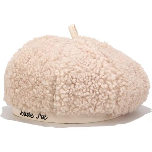 Bonnets Beret hat women wool solid color Teddy cashmere embroidery fashion simple hat autumn and winter warm hat шапка женская