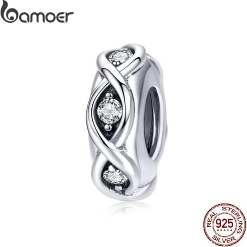 BAMOER Sterling Silver 925 Clear CZ Infinity Love Charm Fit Brand Bracelet and Bangles Tibetan Silver Fine Jewelry SCC1153