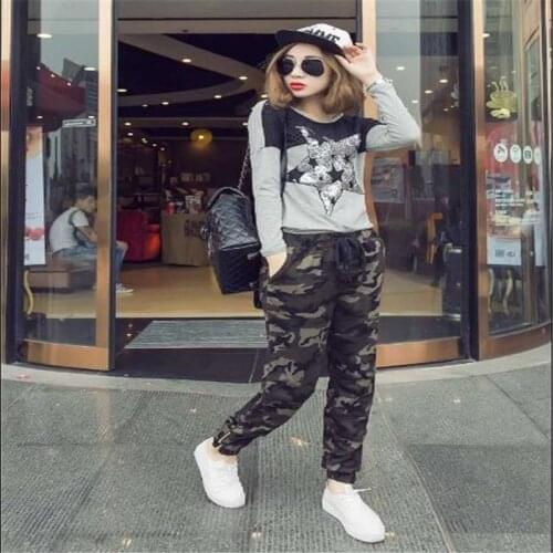Camouflage pants pants pants for girls loose pants for students elastic waist cotton pants sports zipper casual pants