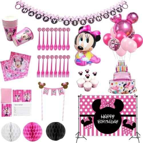 Minnie Mouse party paper cup Disposable tableware girl favor 1st birthday party DIY balloon Disney Mickey aluminum foil balloon