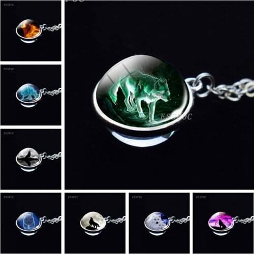 Full Moon Wolf Animal Glass Ball Pendant Necklace Wolf Head Photo Charms Silver Color Sweater Chain Necklace for Women