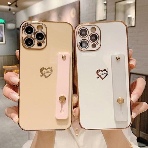 Electroplating Love Heart Phone Case For iPhone 12 Pro Mini 11 Pro Max X XR XS Max 7 8 Plus SE 2020 Wrist Strap Soft TPU Cover