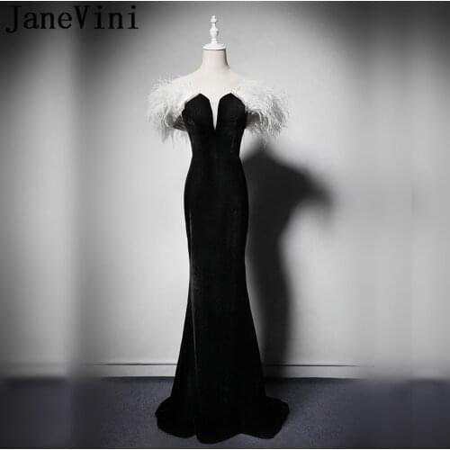 JaneVini Black Mermaid Evening Dresses With White Feather Robe Velvet Women Long Dress Evening Elegant Beaded Red Carpet Gowns