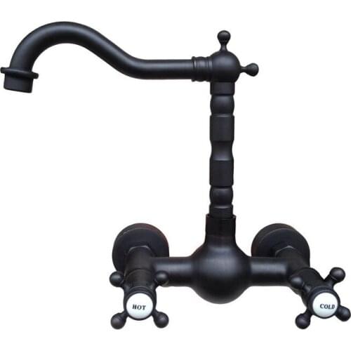 Black Oil Rubbed Brass Wall Mounted Swivel Spout Double Handles Bathroom Vessel Basin Tub Sink Faucet Mixer Tap anf525