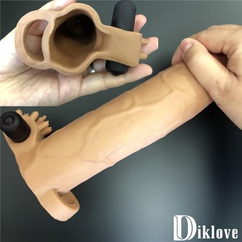 Diklove 8.5'' Vibrating Penis sleeve Reusable condom penis extender sleeve Dildo enlargement Electric bullet Sex toy for man