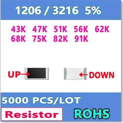 JASNPROSMA 1206 J 5% 5000pcs 43K 47K 51K 56K 62K 68K 75K 82K 91K High quality smd 3216 OHM Resistor
