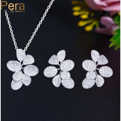 Pera Fashion Sparkling Cubic Zirconia Flower Leaf Design Pendant Necklace and Earrings Set for Women Birthday Party Jewelry J441