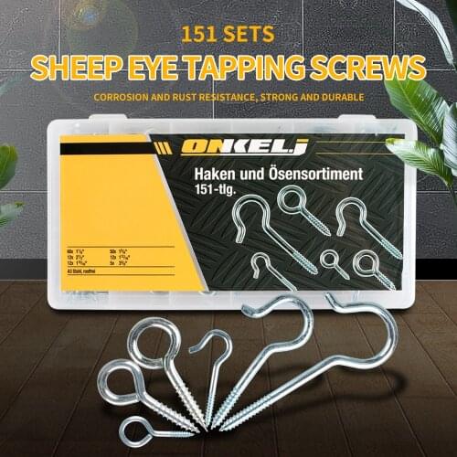 151pcs Open sheep eye ring Question mark hook Sharp-tailed blue zinc self-tapping screw hook with ring hook ring set box