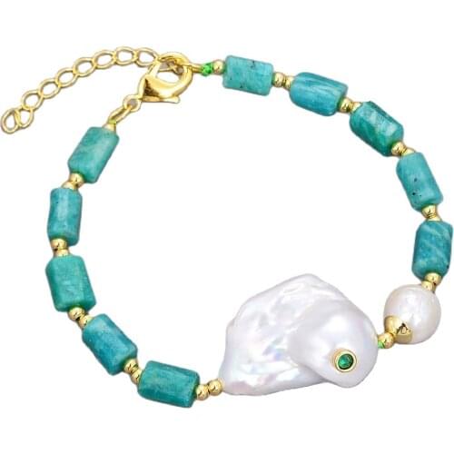 JK Natural Green Peruvian Amazonite Rectangle Rough White Keshi Pearl Bracelet 8.5"