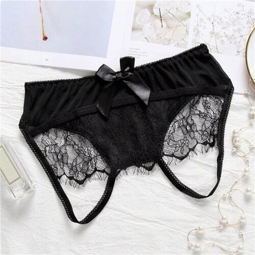 New Temptation Bownot Panties Lingerie Sexy Women Underwear Crotchless Lace Briefs Underpants Black White