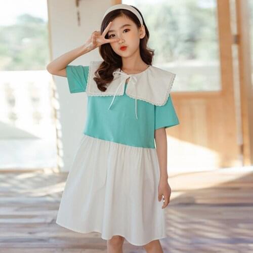 Odell Cotton Girls Dress 2021 New Summer Kids Clothes Two Colors Patchwork Teen Children Preppy Style Dress,#6043