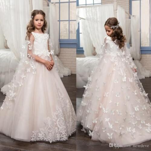 Beach Bead Girls Pageant Dresses Lace Appliques Kids Wedding Gowns A Line Flower Girls Dress With 3d Floral