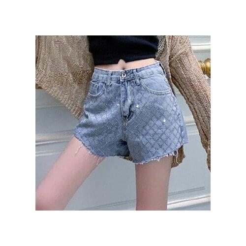 Hot Rhinestone Loose Denim Shorts Womens Summer Ins New Hole Wide Feet Thin Hot Pants Trend ripped jeans for women