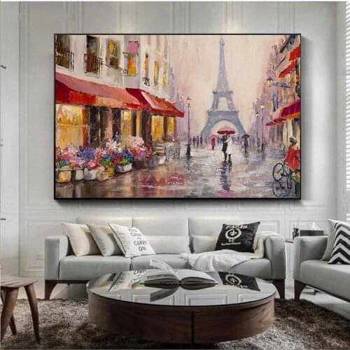 Retro Romantic City Pedestrian Paris Eiffel Tower Landscape Abstract Painting Canvas Poster Prints Wall Pictures for Living Room