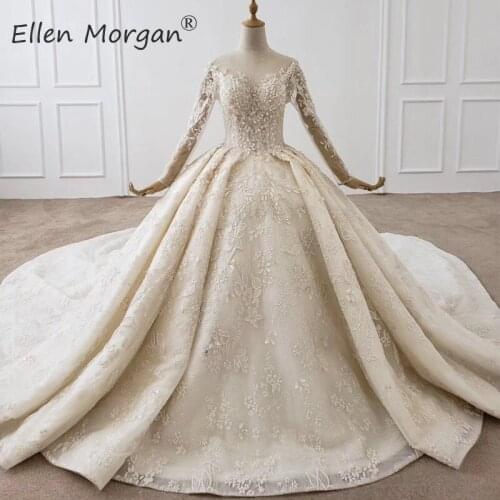 Luxury Long Sleeves Ball Gowns Wedding Dresses Sheer Neck Lace Pearls Beads Saudi Arabian Elegant for Bridal 2020
