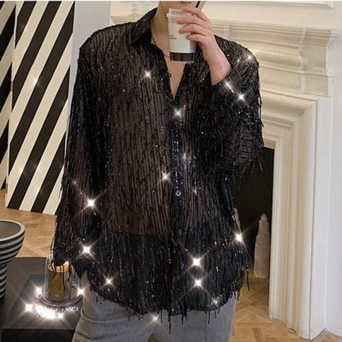 Bar Nightclub Mens Sexy Transparent Glitter Sequins Shirts Gold Black Long Sleeve See Through Tassel Shirt For Singer Dancer
