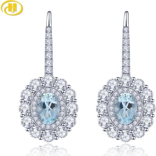 Natural Oval 7*5mm Aquamarine Solid 925 Sterling Silver Earrings Drop Classic Simple Design