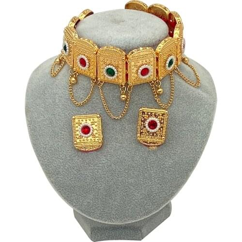 Saudi Arabia Dubai Jewelry sets for Women Colored Stone Chokers 24k Habesha Necklace Earrings Rope African Wedding Eritrean Gift