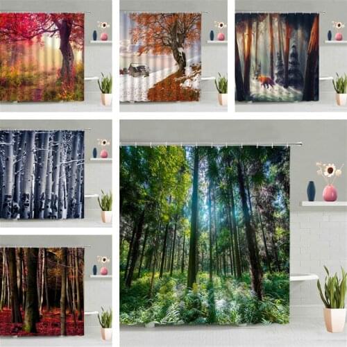 Mountain Forest Scenery Shower Curtain Green Plant Tree Leaf Twig Modern Bathroom Wall Hanging Curtains Waterproof Screen Decor
